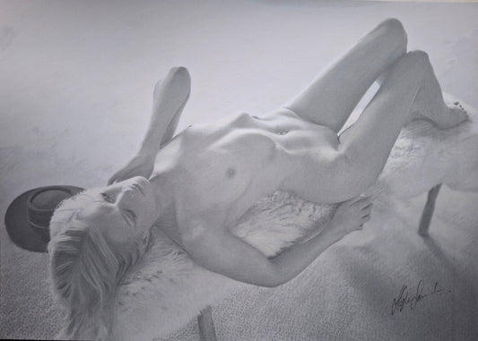 Amelie, Nude on bench with hat.